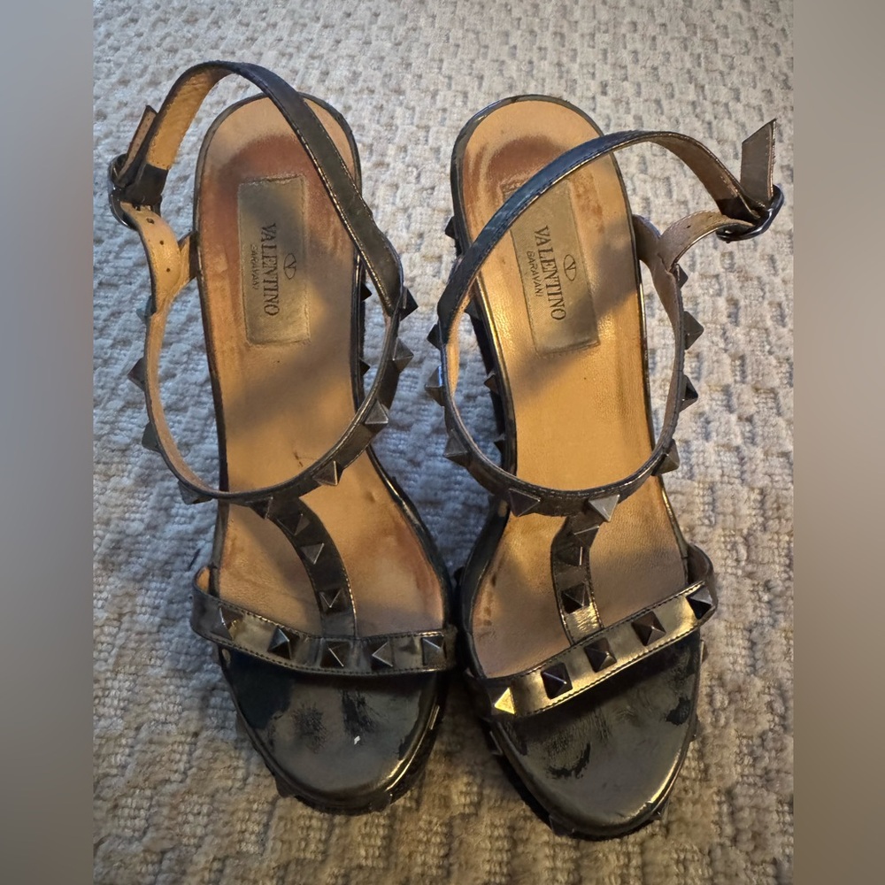 Valentino Garavini Metallic Black Studded Wedge Sandals Size 6